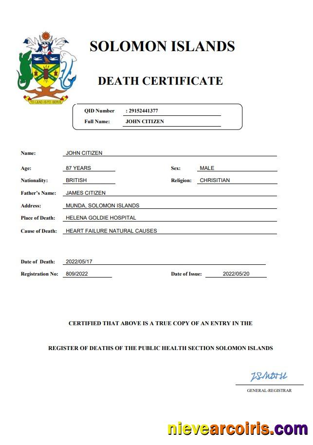 Solomon Islands vital record death certificate